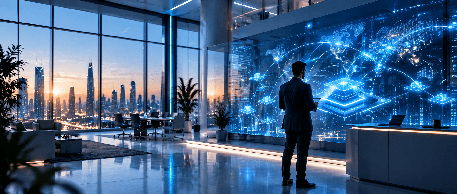 Modern workspace with a professional reviewing connected cloud and data systems.