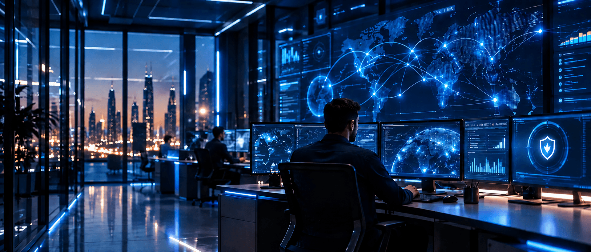 Security operations environment with an analyst monitoring protected network systems.