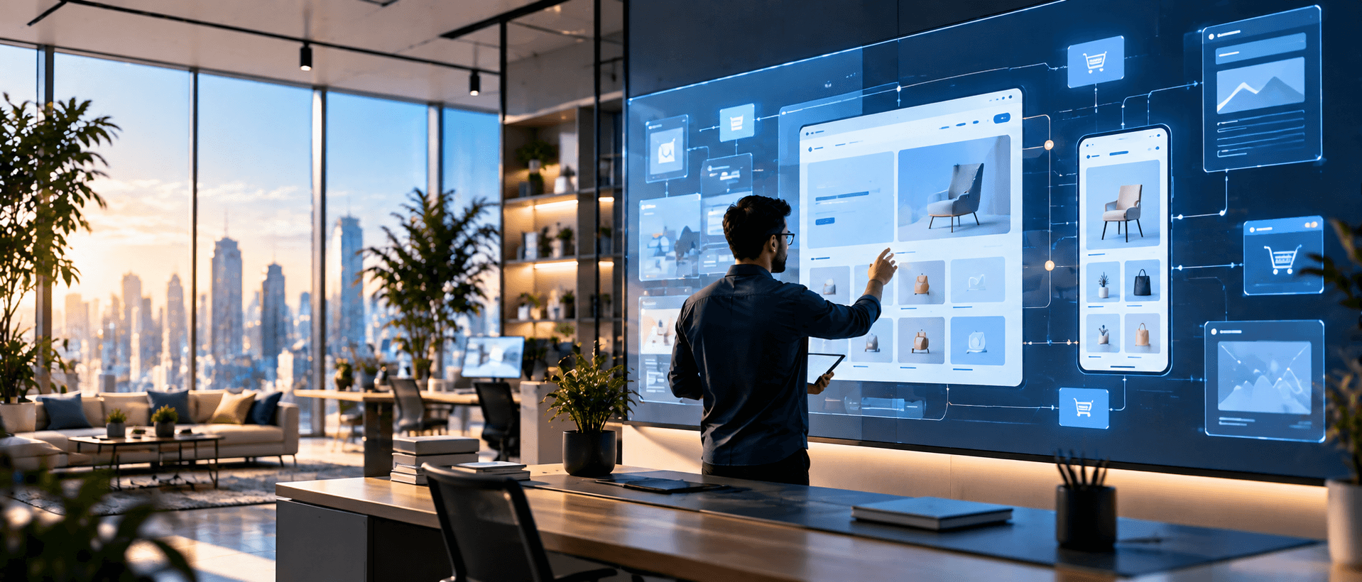 Digital product studio with a developer arranging an application interface layout.