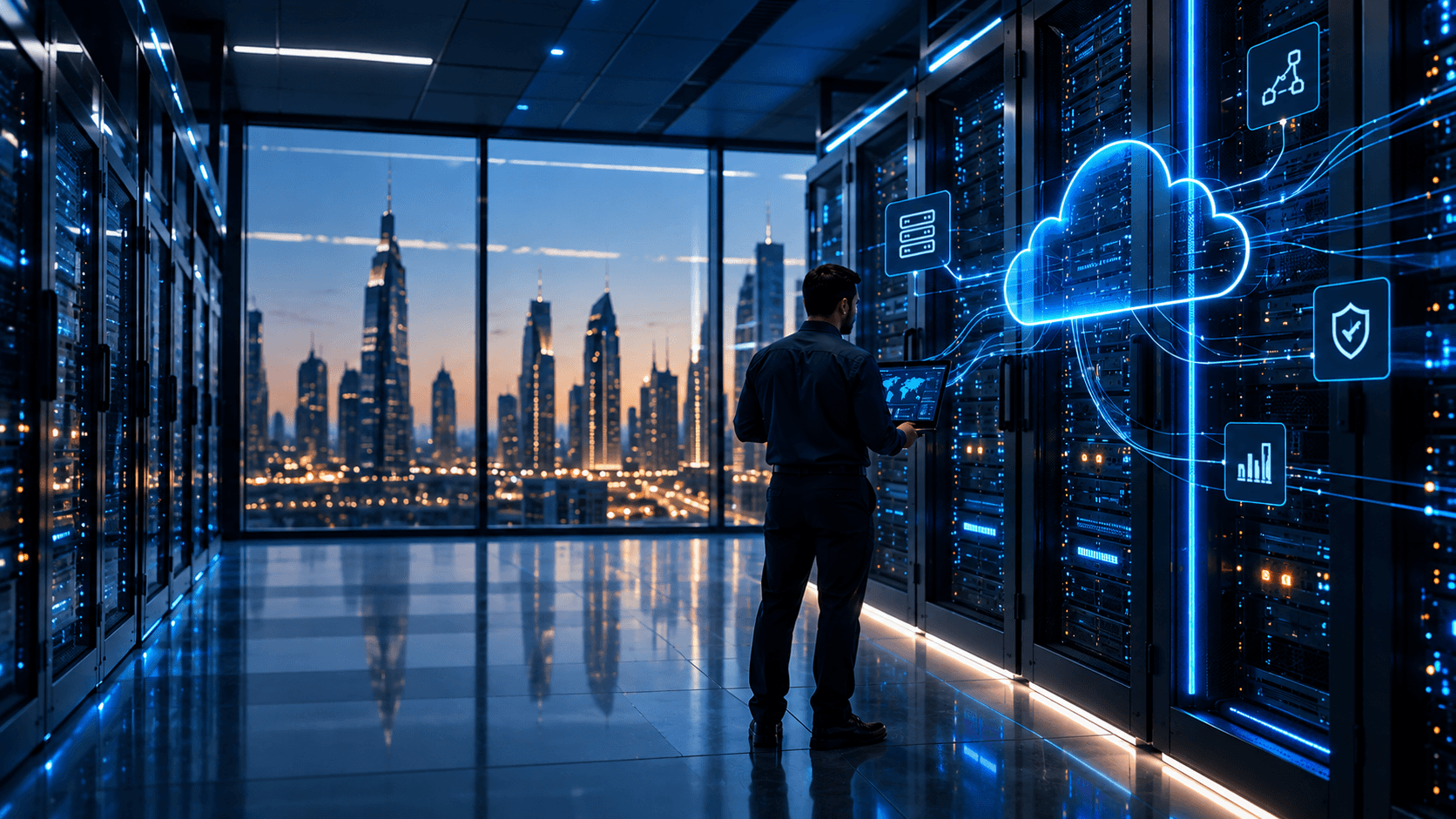 Modern data center infrastructure with connected cloud and network systems.