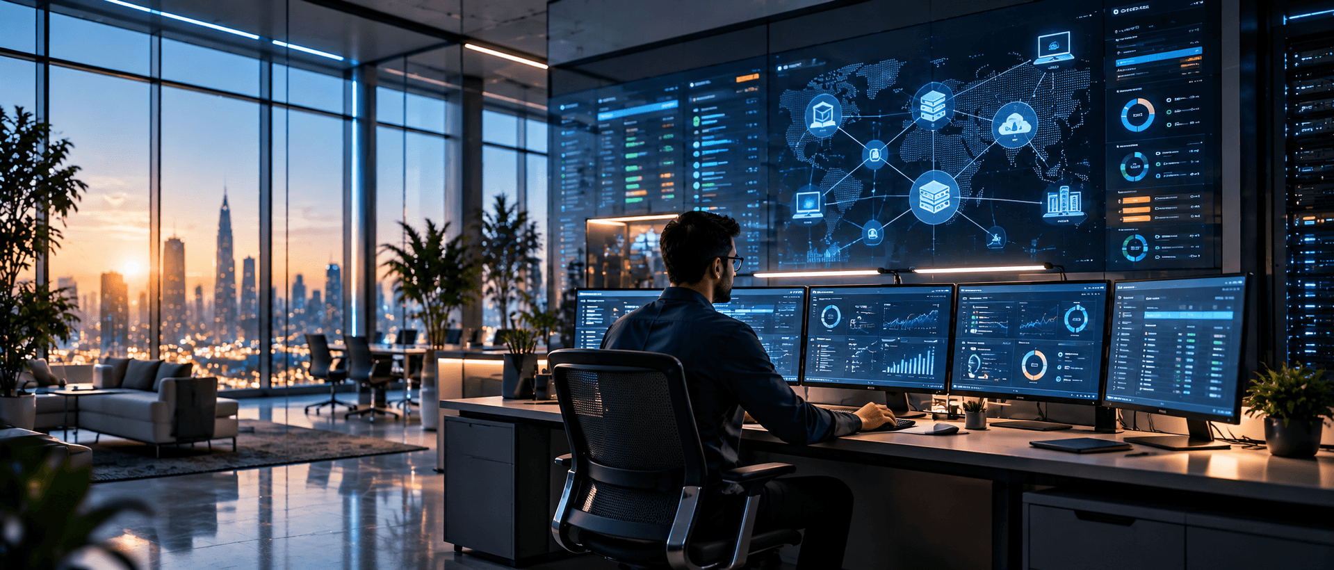 IT operations workspace with an engineer monitoring connected systems.